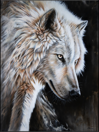 A painting of a large white wolf with chunky fur and a confident air about him.