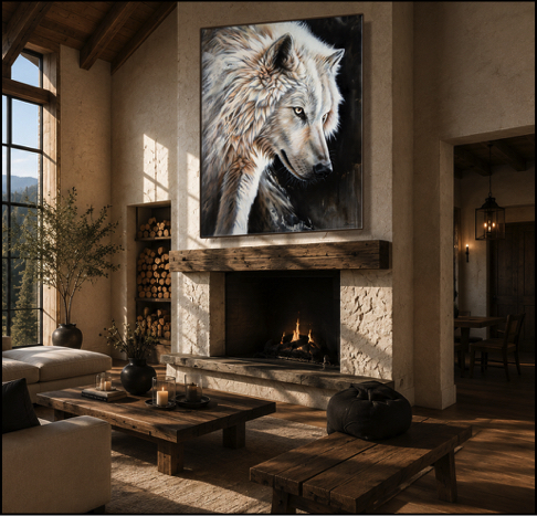 A large painting of a white wolf hangs over a fireplace while light streams through a window.