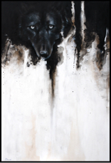 A painting in which a black wolf peers from a black abstract void on white grounds.
