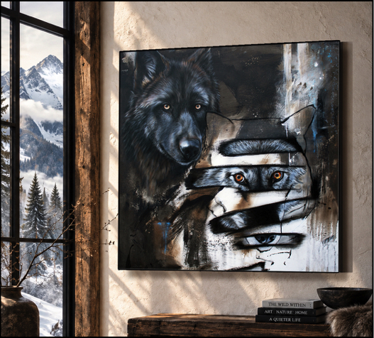Painting of a realistic black wolf next to a second, realistic wolf face revealed within horizontal slashes, set against an abstract background of bone white, black and brown.