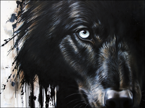 Painting of a large black wolf face, showing one half of his face while the other side is in shadow, his mane becomes black drips and splashes of paint