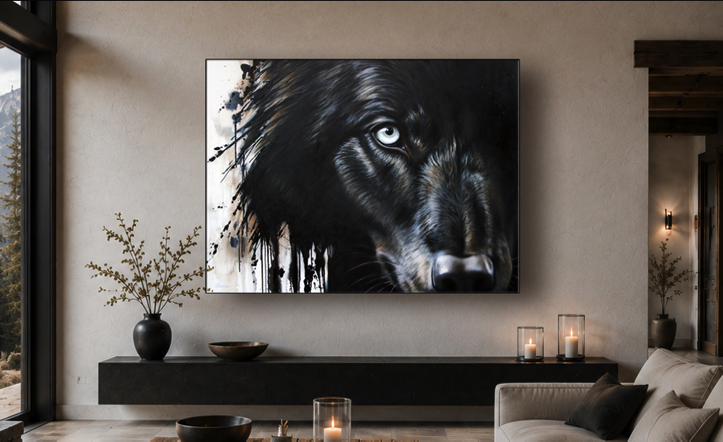 Painting of a large black wolf face, showing one half of his face while the other side is in shadow, his mane becomes black drips and splashes of paint hanging on a decorative living room wall.