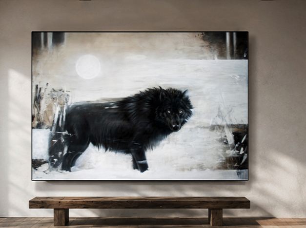 Hanging on a gallery wall above a wood bench is a painting of a large intimidating but gentle black wolf standing in a snowstorm observing the viewer.