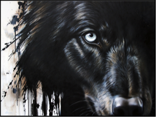 Painting of a large black wolf face, showing one half of his face while the other side is in shadow, his mane becomes black drips and splashes of paint